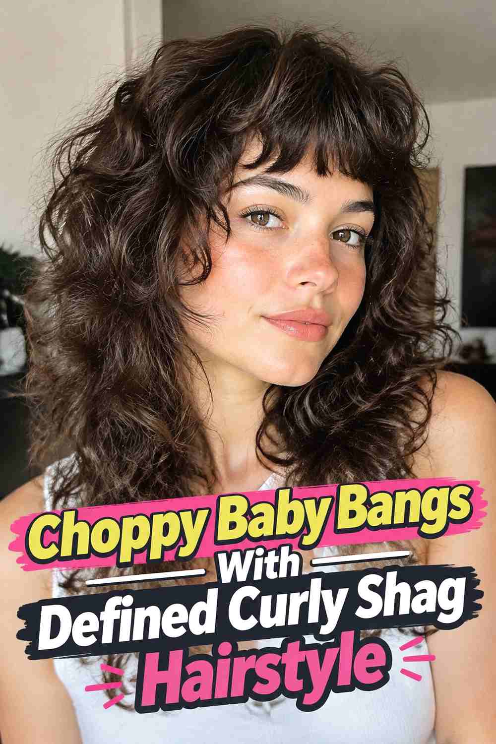 9. Choppy Baby Bangs With Defined Curly Shag Hairstyle