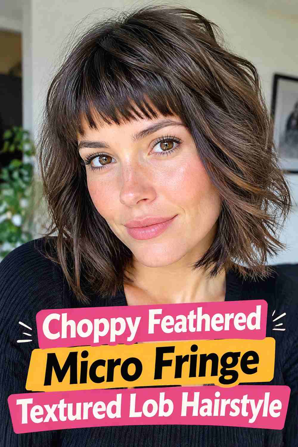 2. Choppy Feathered Micro Fringe Textured Lob Hairstyle