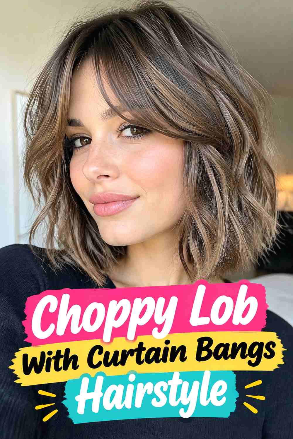 5. Choppy Lob With Curtain Bangs Hairstyle