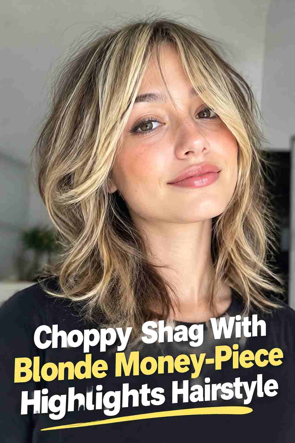 2. Choppy Shag With Blonde Money Piece Highlights Hairstyle