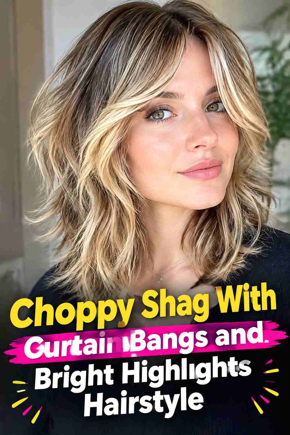 4. Choppy Shag With Curtain Bangs And Bright Highlights Hairstyle