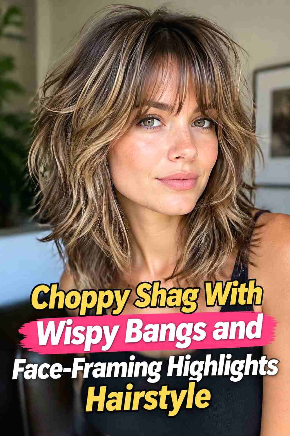 11. Choppy Shag With Wispy Bangs And Face Framing Highlights Hairstyle