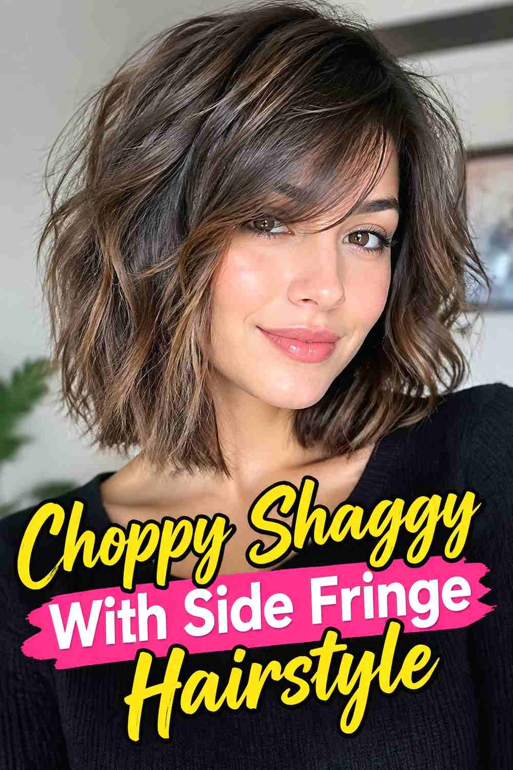 8. Choppy Shaggy Lob With Side Fringe Hairstyle