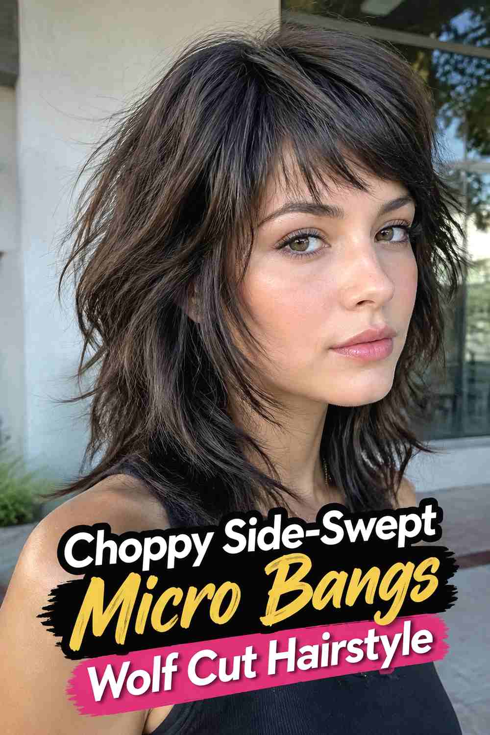 9. Choppy Side Swept Micro Bangs Wolf Cut Hairstyle