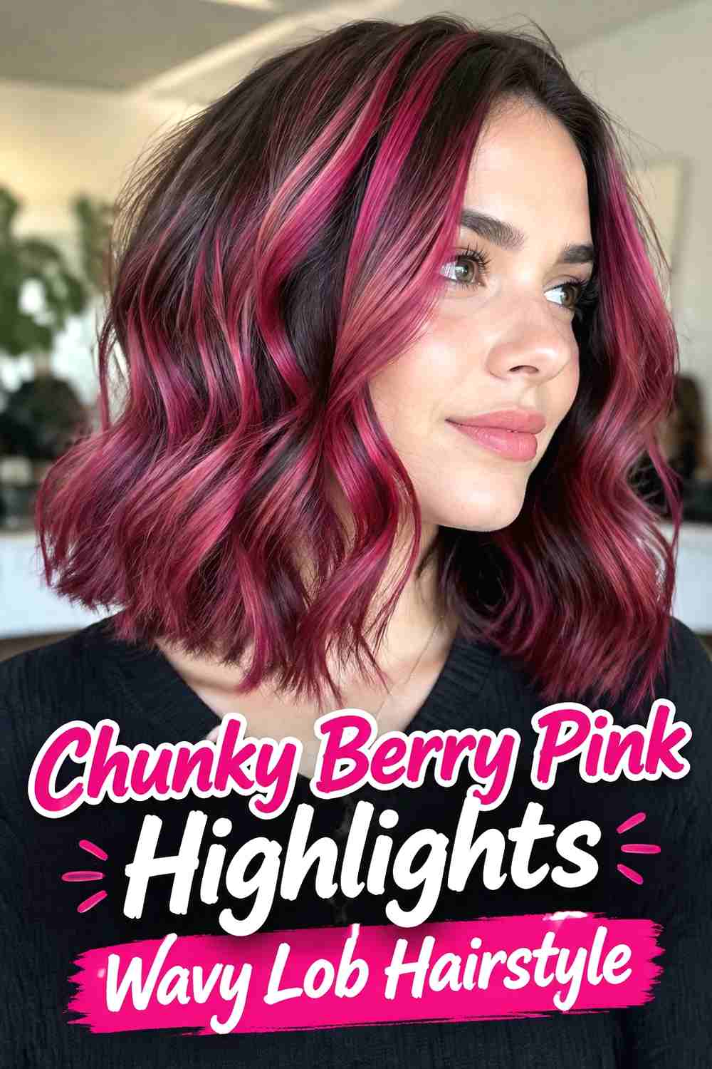 2. Chunky Berry Pink Highlights Wavy Lob Hairstyle