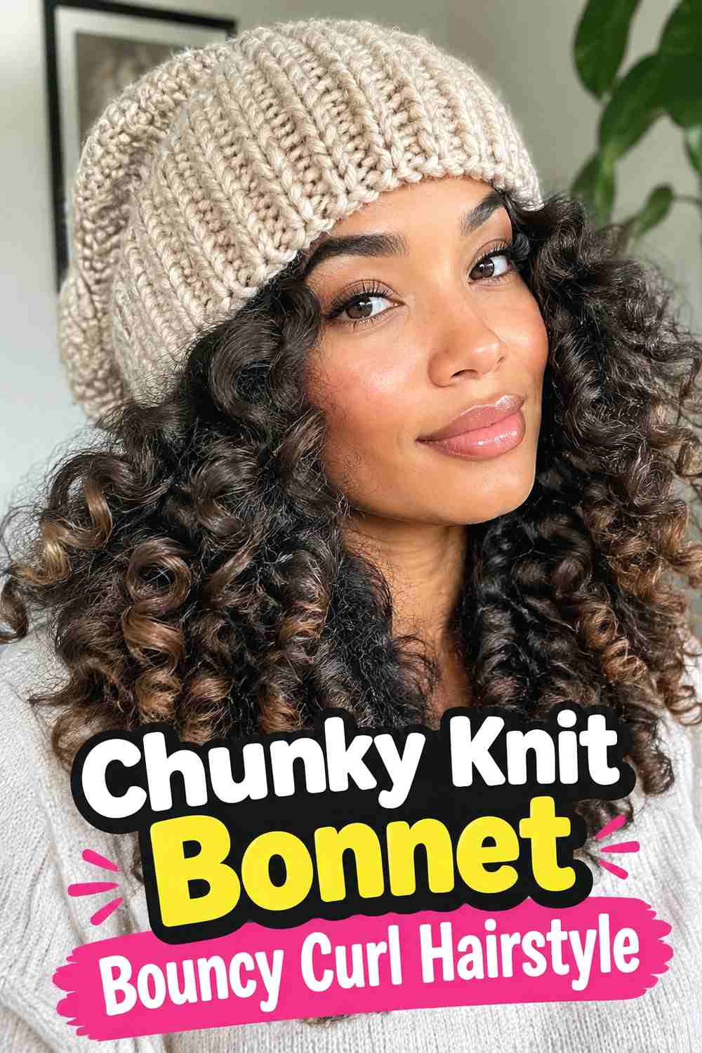 7. Chunky Knit Bonnet Bouncy Curl Hairstyle