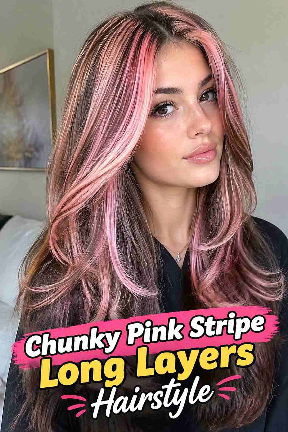 12. Chunky Pink Stripe Long Layers Hairstyle