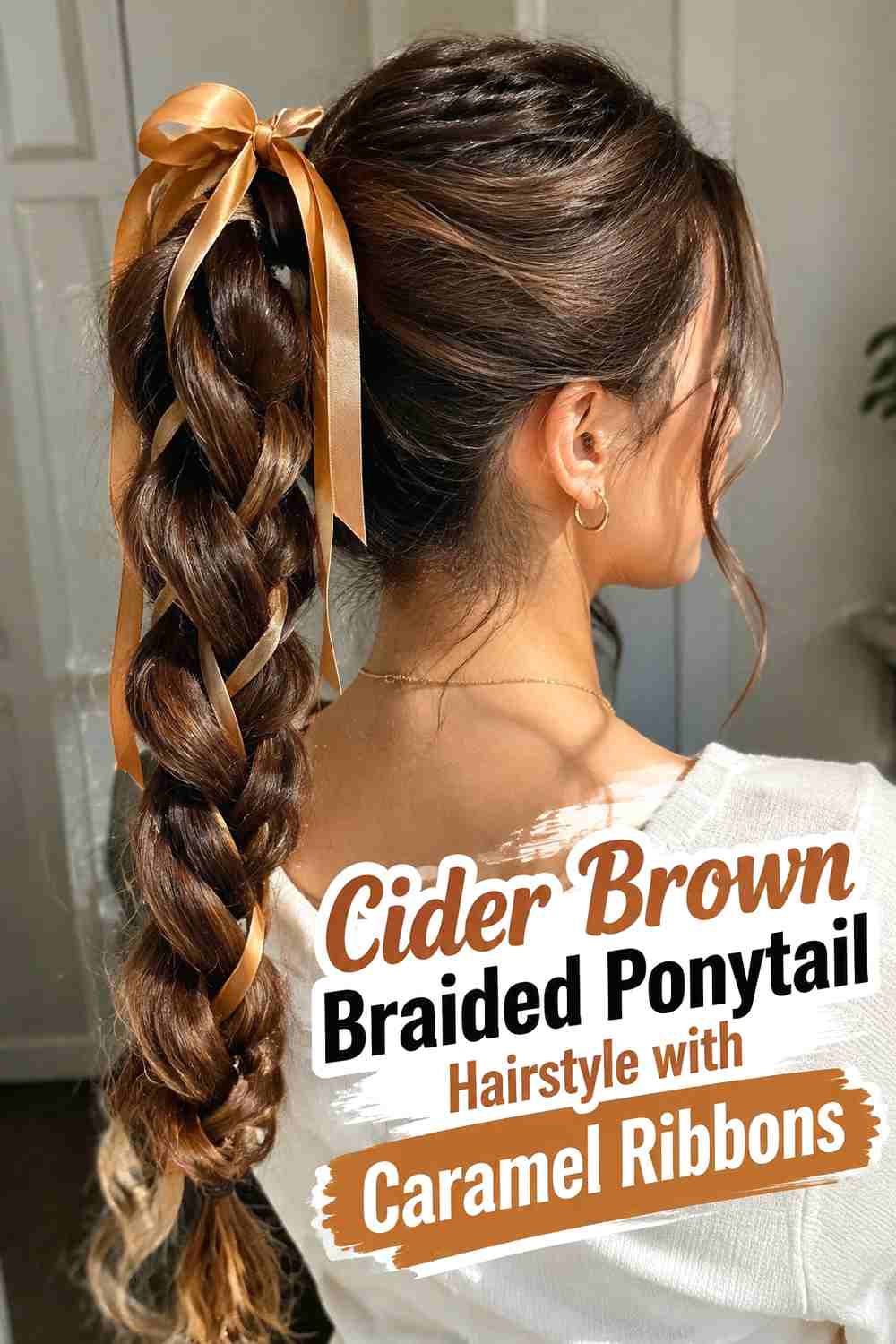 16. Cider Brown Braided Ponytail Hairstyle With Caramel Ribbons