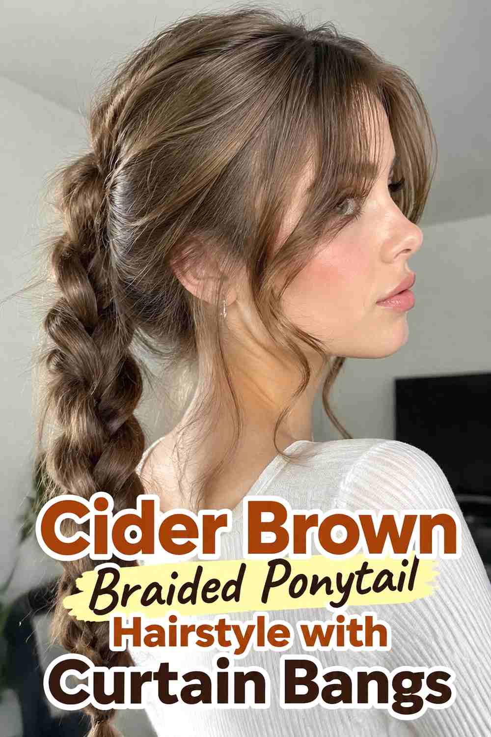 11. Cider Brown Braided Ponytail Hairstyle With Curtain Bangs