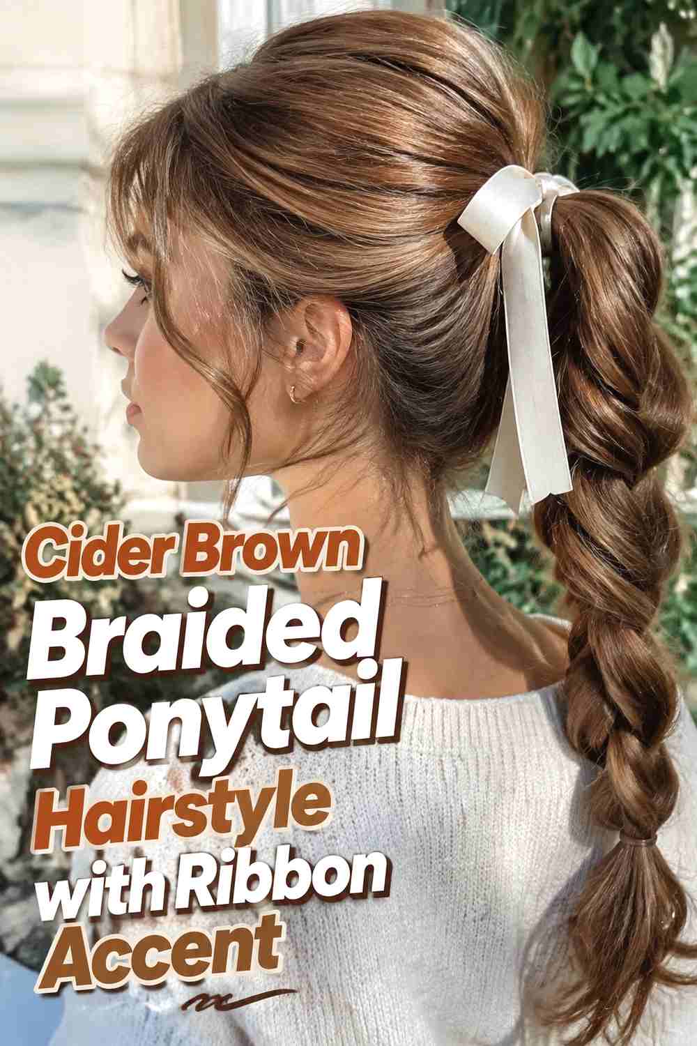 18. Cider Brown Braided Ponytail Hairstyle With Ribbon Accent