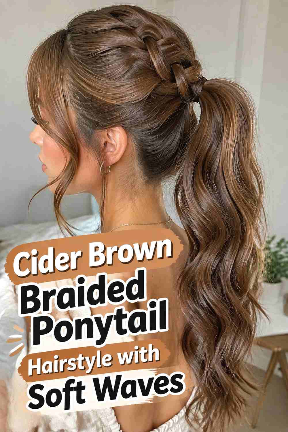 12. Cider Brown Braided Ponytail Hairstyle With Soft Waves