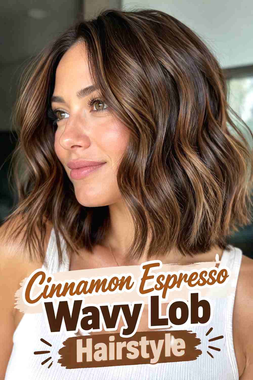 7. Cinnamon Espresso Wavy Lob Hairstyle