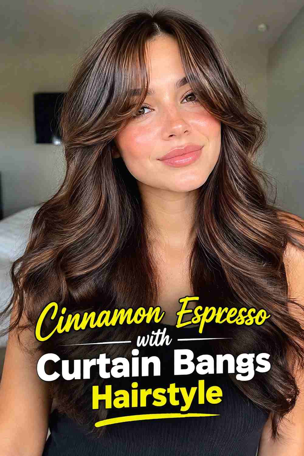 9. Cinnamon Espresso With Curtain Bangs Hairstyle