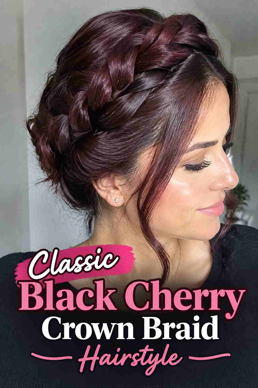 1. Classic Black Cherry Crown Braid Hairstyle