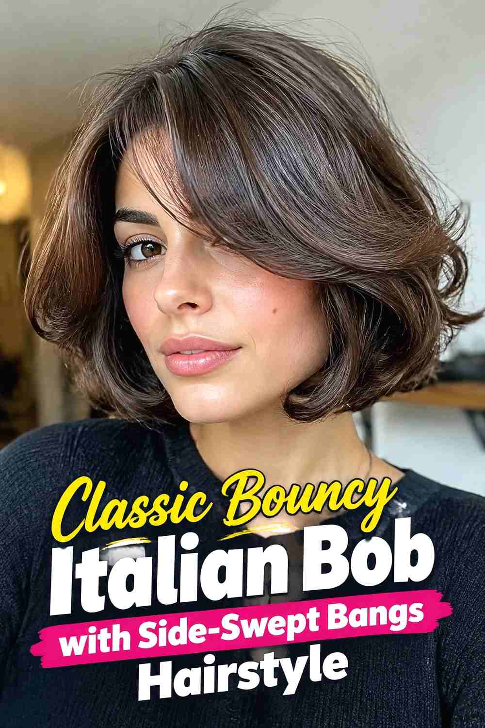 1. Classic Bouncy Italian Bob With Side Swept Bangs Hairstyle