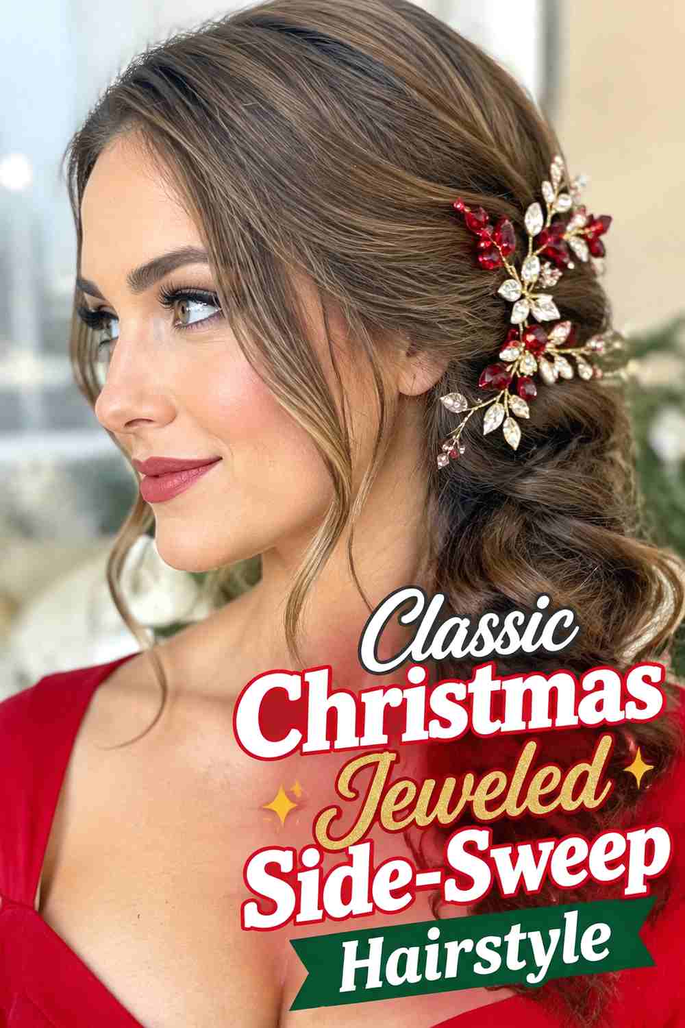 1. Classic Christmas Jeweled Side Sweep Hairstyle