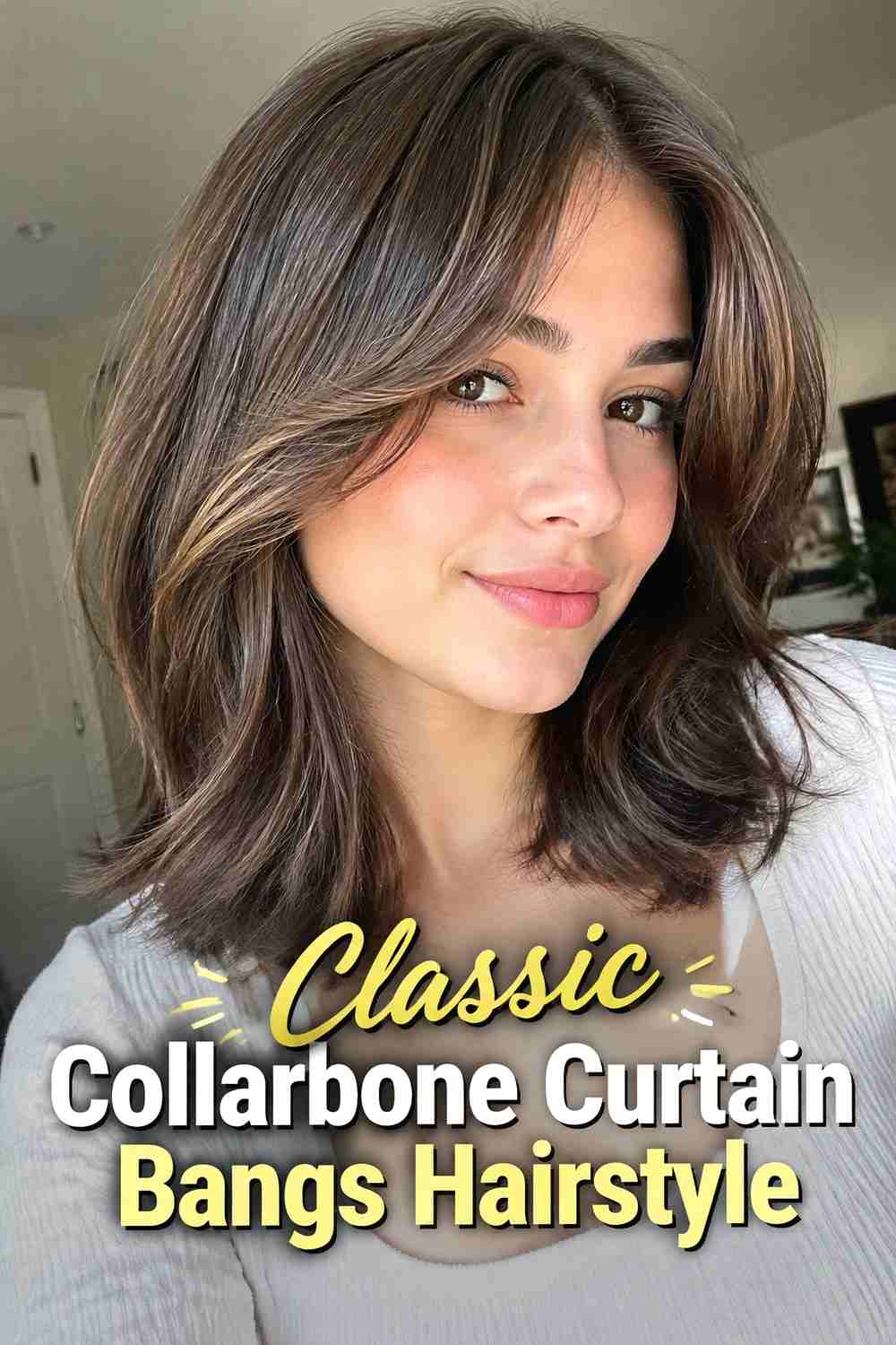 1. Classic Collarbone Curtain Bangs Hairstyle