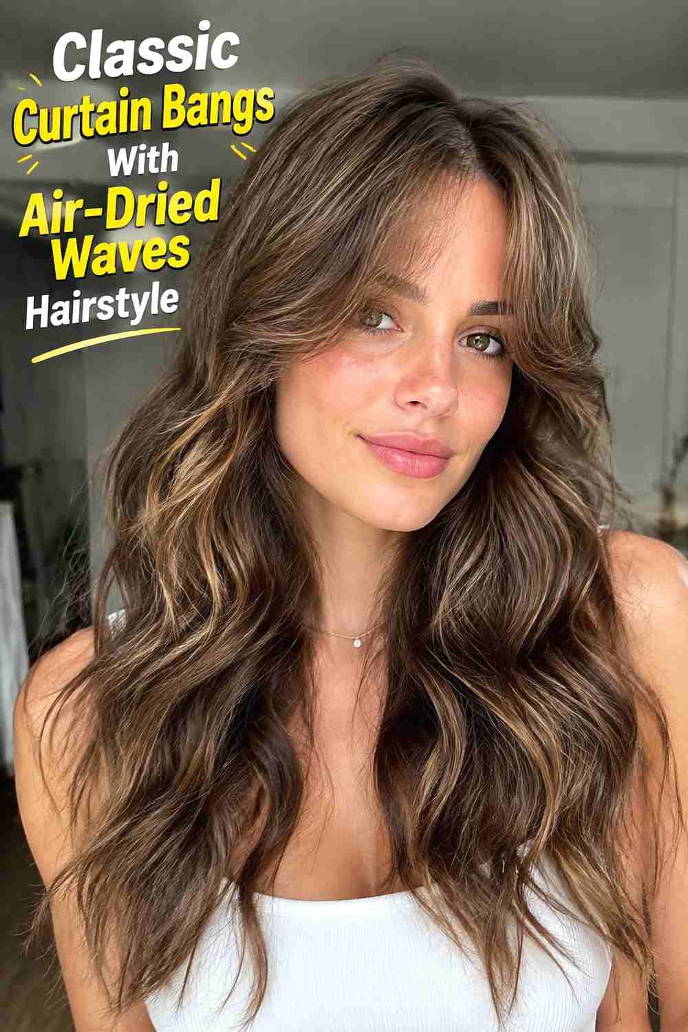 1. Classic Curtain Bangs With Air Dried Waves Hairstyle
