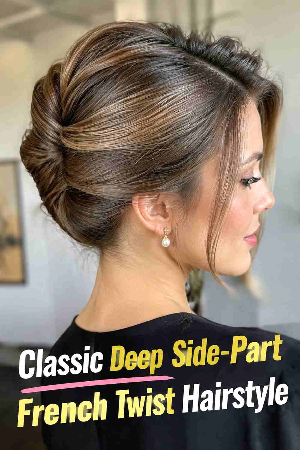 1. Classic Deep Side Part French Twist Hairstyle