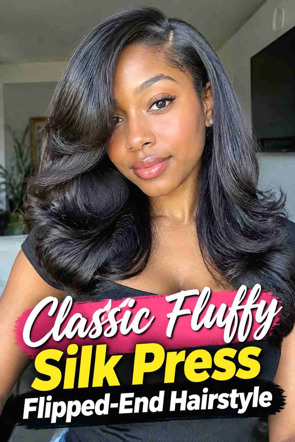 1. Classic Fluffy Silk Press Flipped End Hairstyle