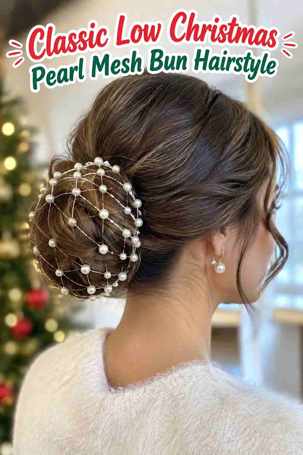 1. Classic Low Christmas Pearl Mesh Bun Hairstyle