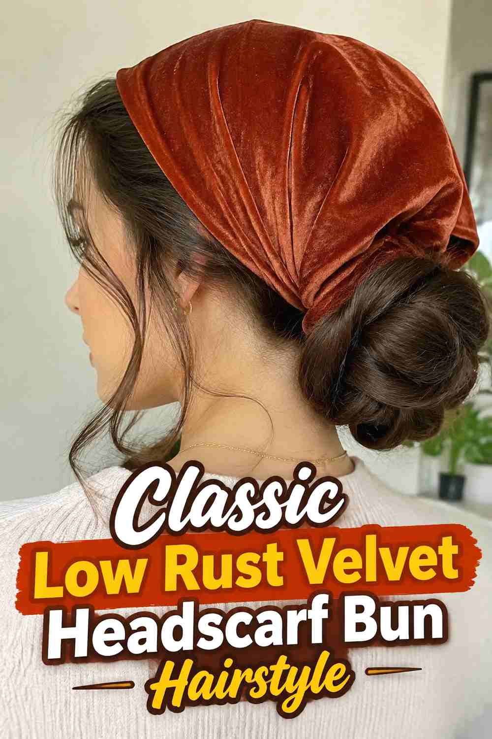 1. Classic Low Rust Velvet Headscarf Bun Hairstyle
