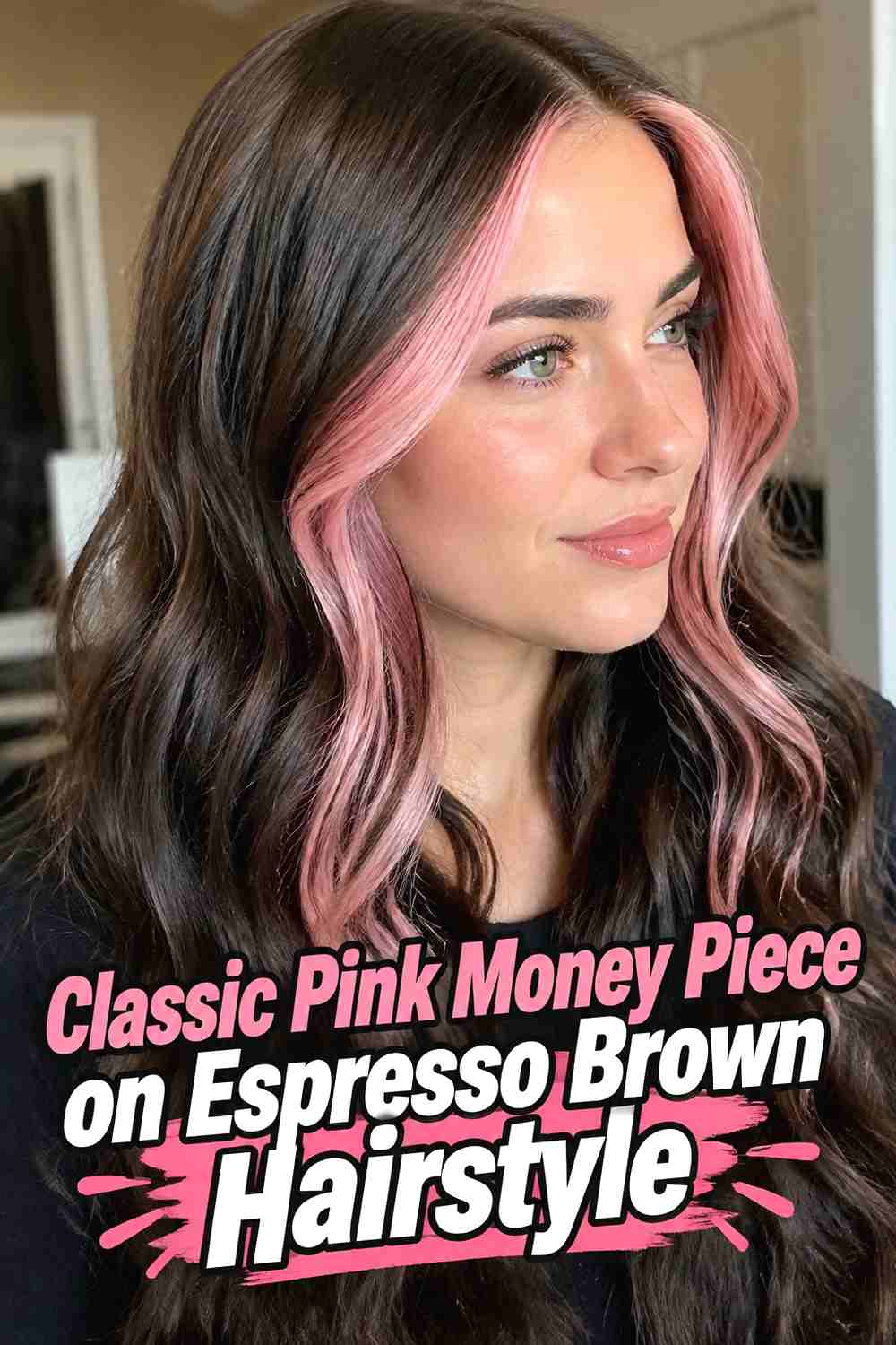 1. Classic Pink Money Piece On Espresso Brown Hairstyle