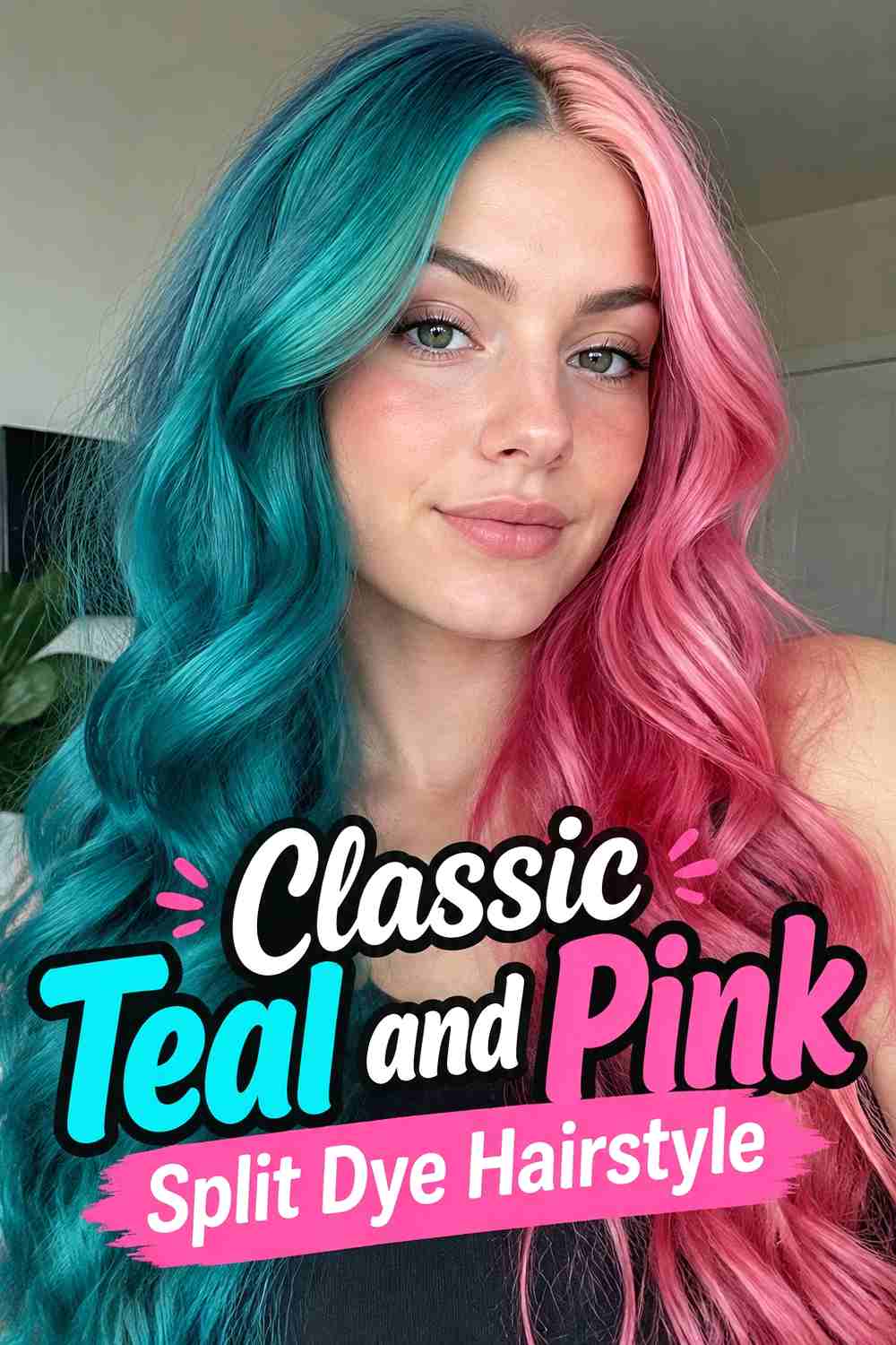 1. Classic Teal And Pink Split Dye Hairstyle