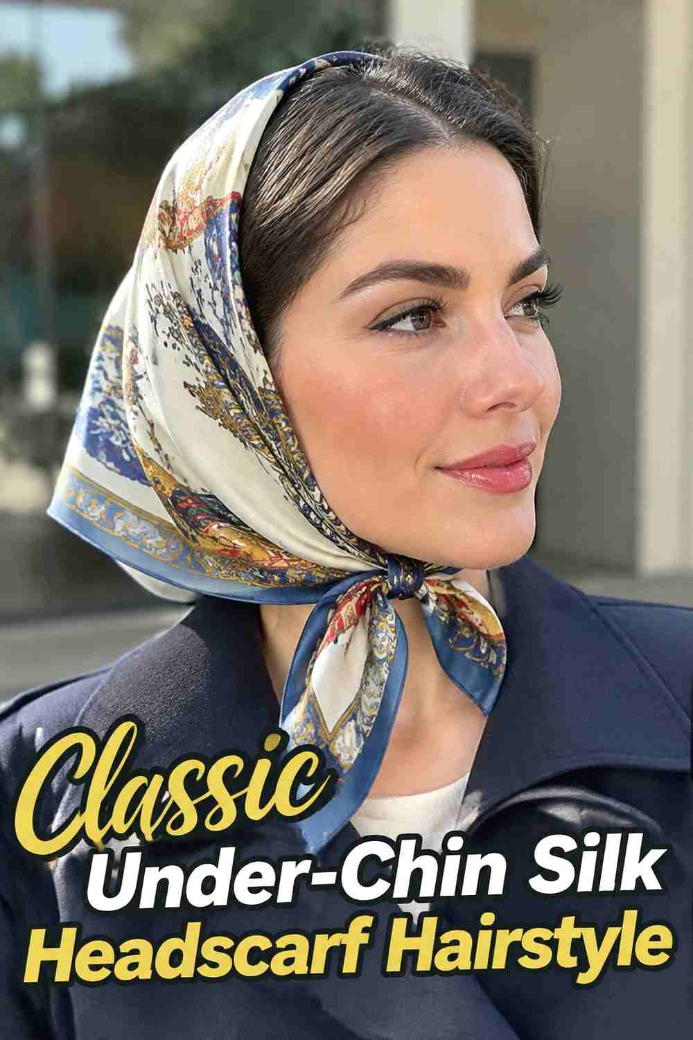 12. Classic Under Chin Silk Headscarf Hairstyle