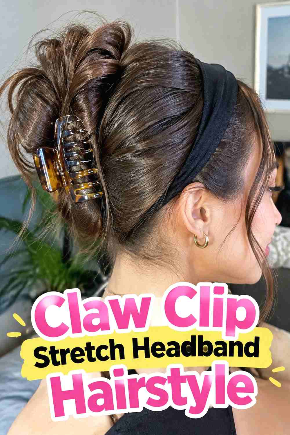 15. Claw Clip Stretch Headband Hairstyle