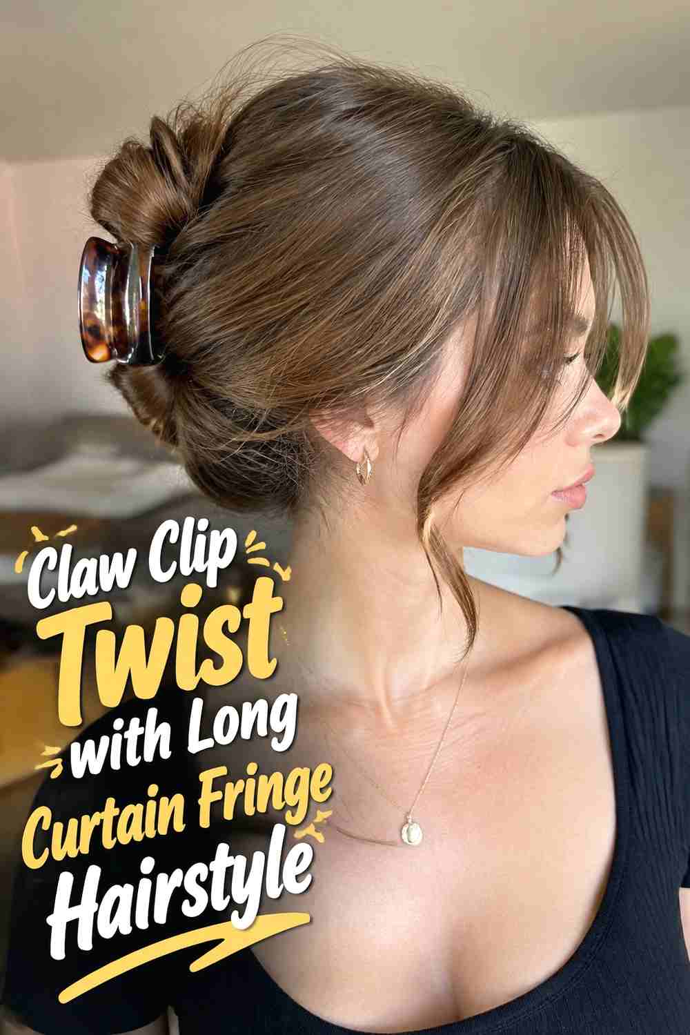 5. Claw Clip Twist With Long Curtain Fringe Hairstyle