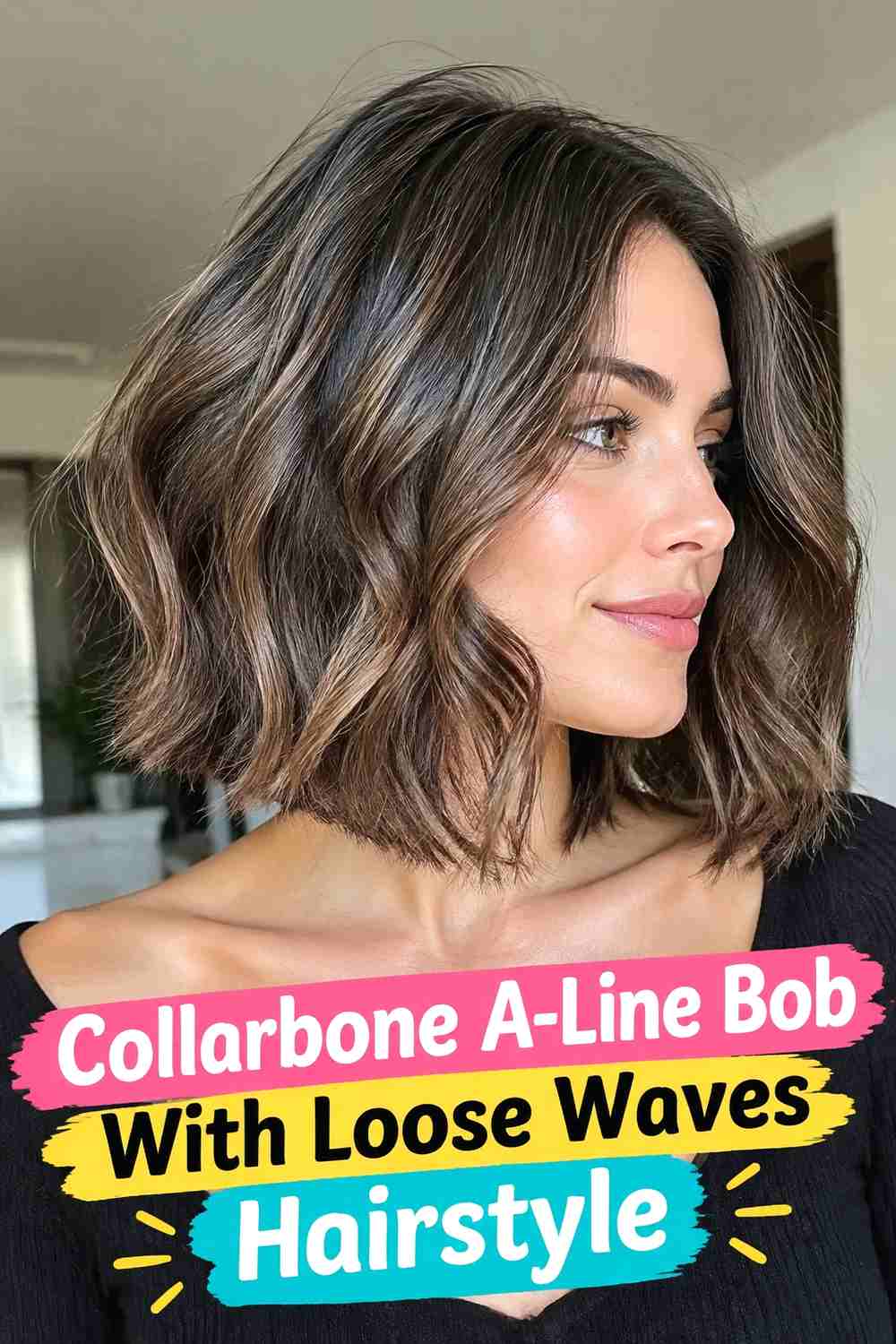 2. Collarbone A Line Bob With Loose Waves Hairstyle