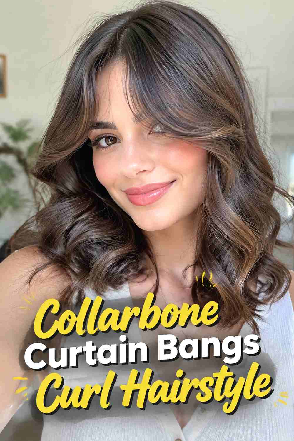 17. Collarbone Curtain Bangs Curl Hairstyle