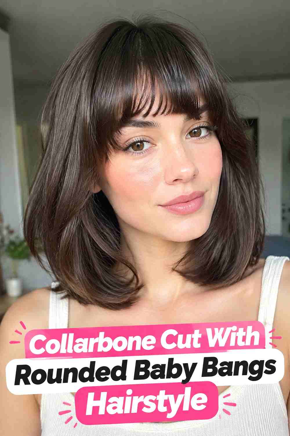 16. Collarbone Cut With Rounded Baby Bangs Hairstyle