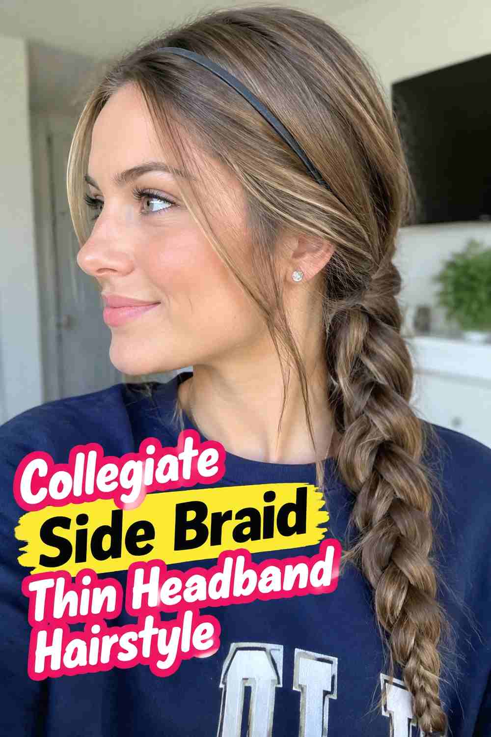 12. Collegiate Side Braid Thin Headband Hairstyle