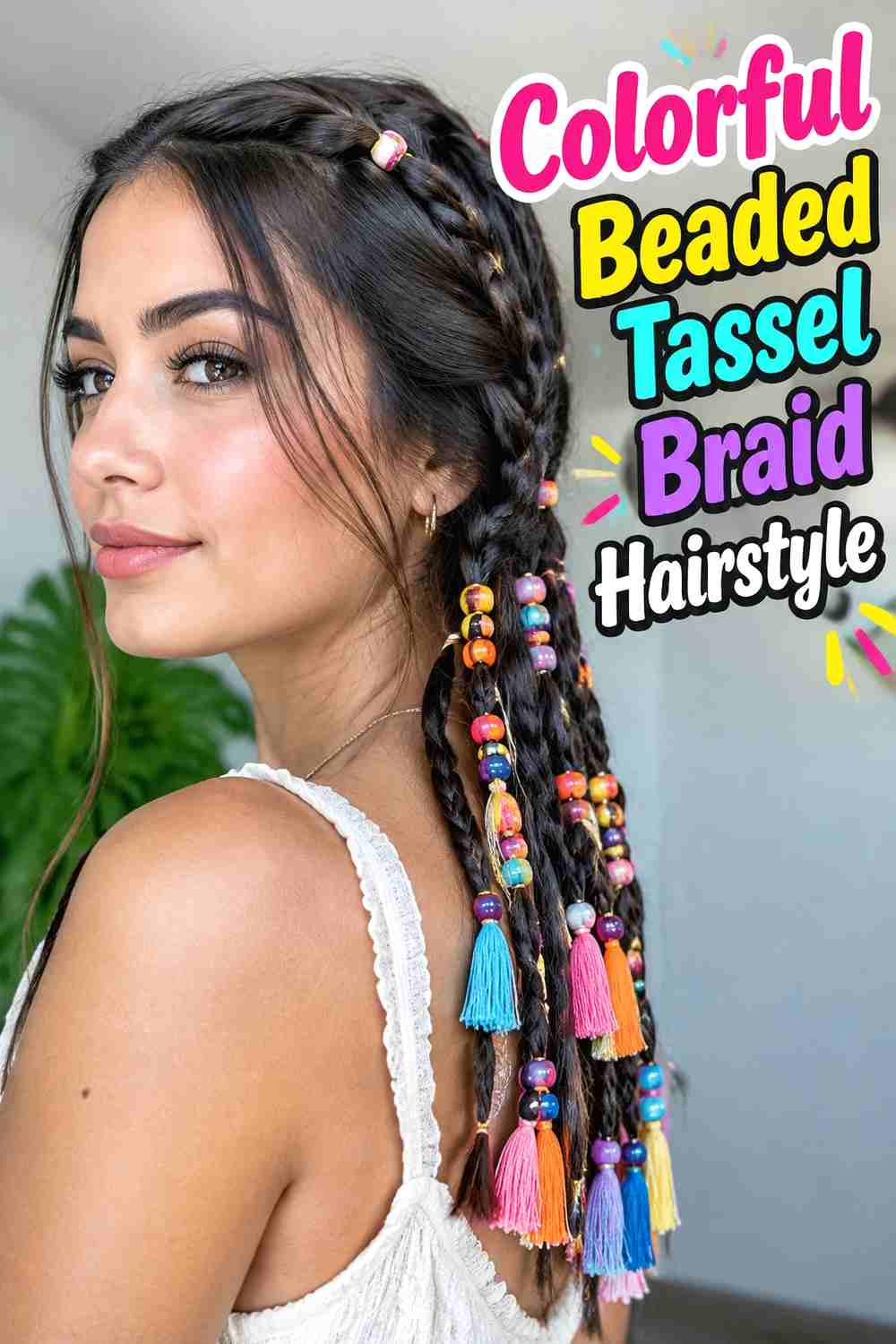 15. Colorful Beaded Tassel Braid Hairstyle