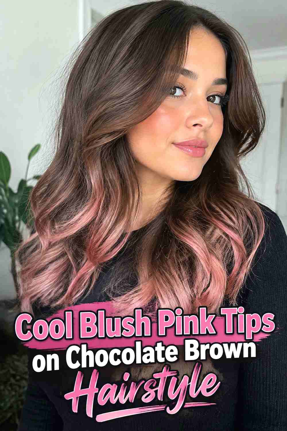2. Cool Blush Pink Tips On Chocolate Brown Hairstyle