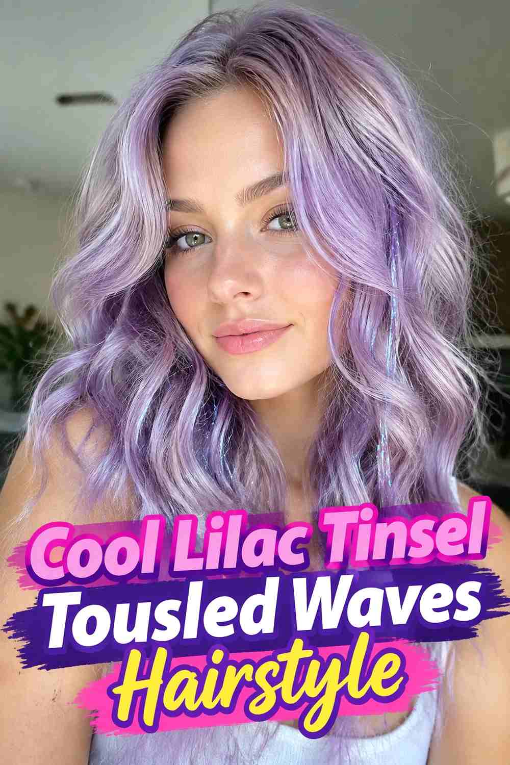 8. Cool Lilac Tinsel Tousled Waves Hairstyle
