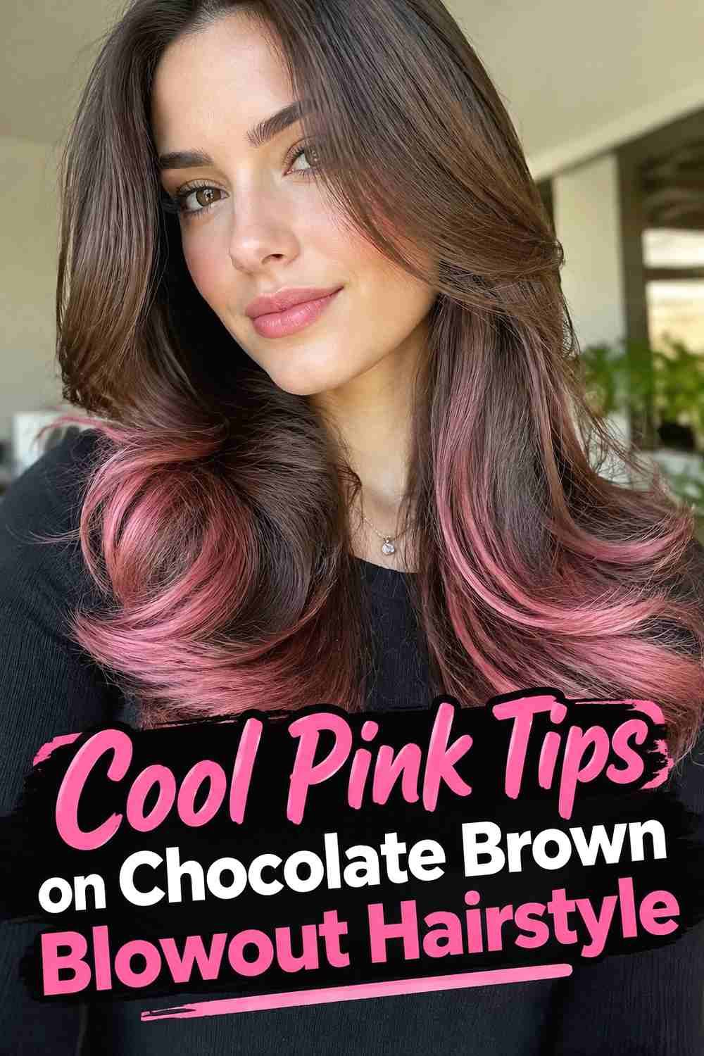 17. Cool Pink Tips On Chocolate Brown Blowout Hairstyle