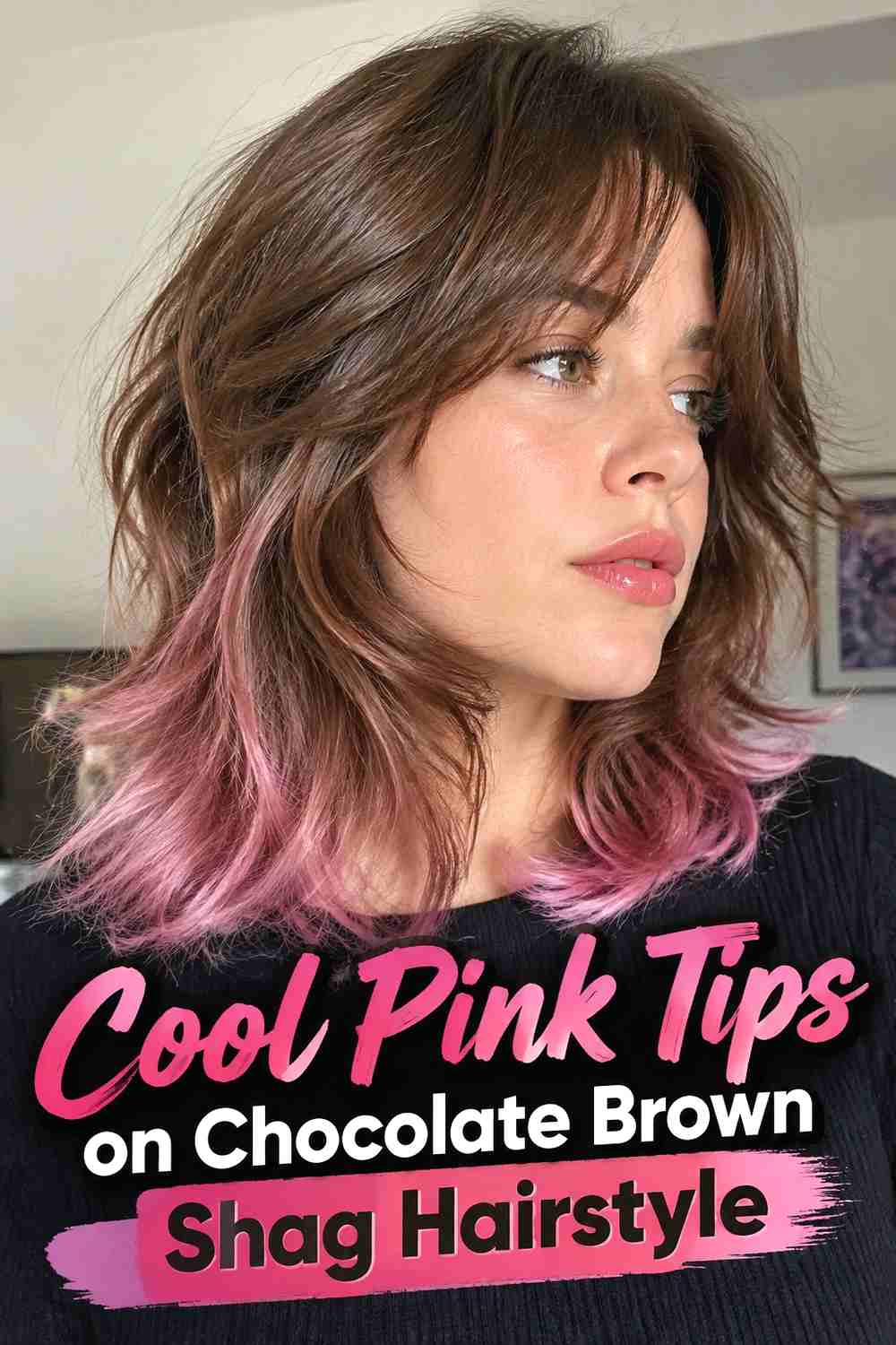 12. Cool Pink Tips On Chocolate Brown Shag Hairstyle