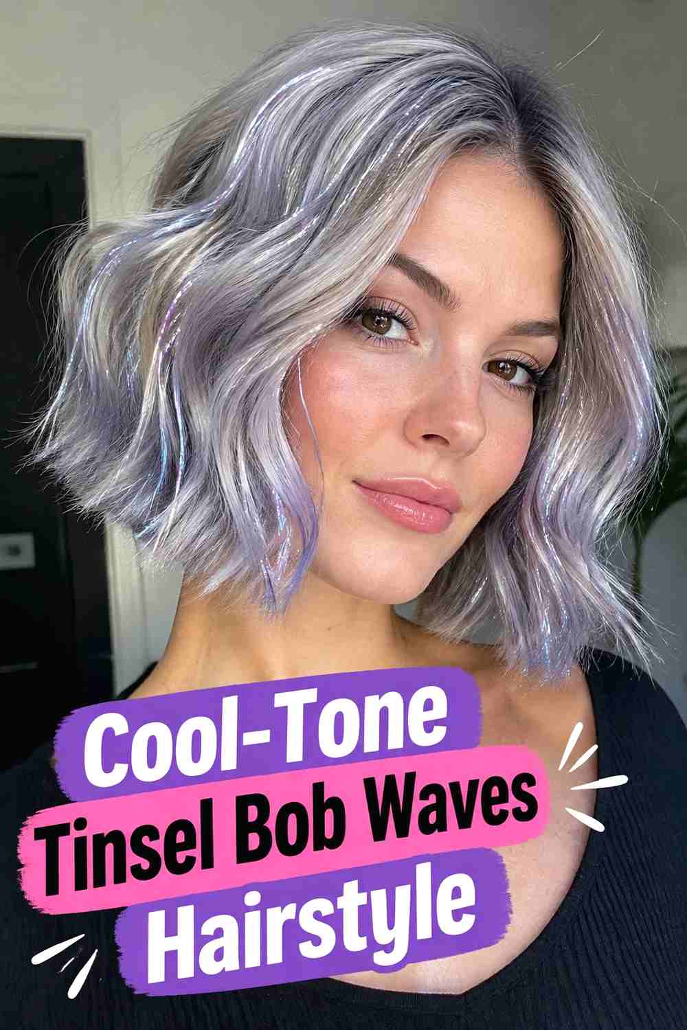 15. Cool Tone Tinsel Bob Waves Hairstyle