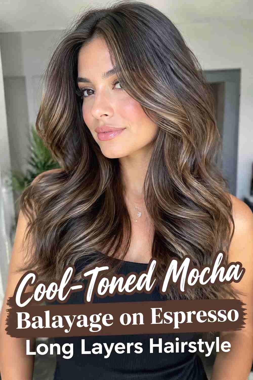 6. Cool Toned Mocha Balayage On Espresso Long Layers Hairstyle