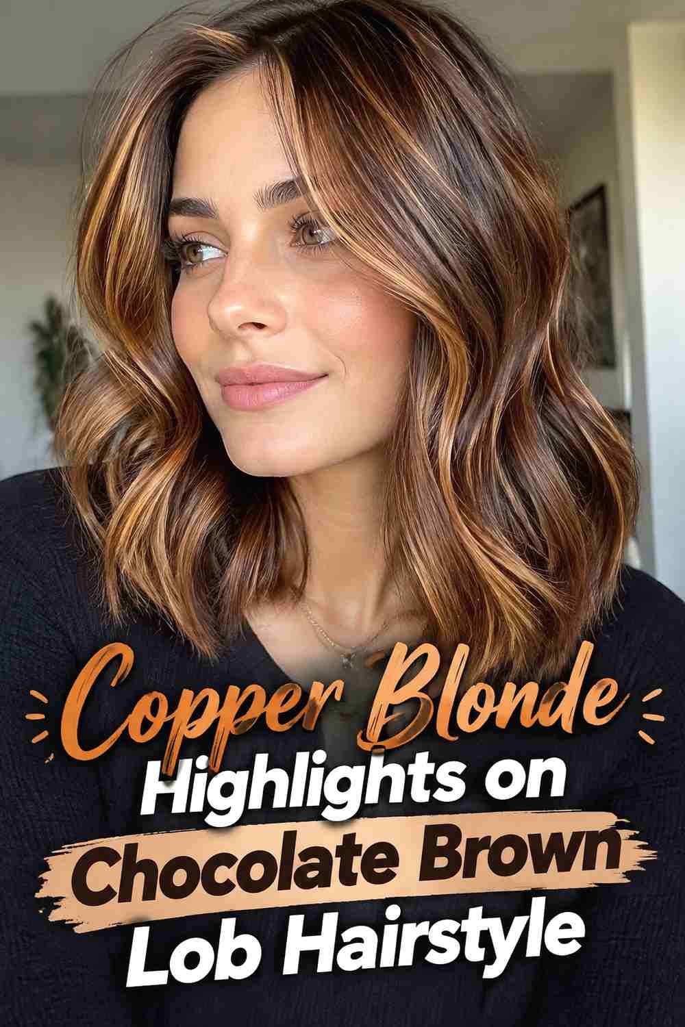9. Copper Blonde Highlights On Chocolate Brown Lob Hairstyle