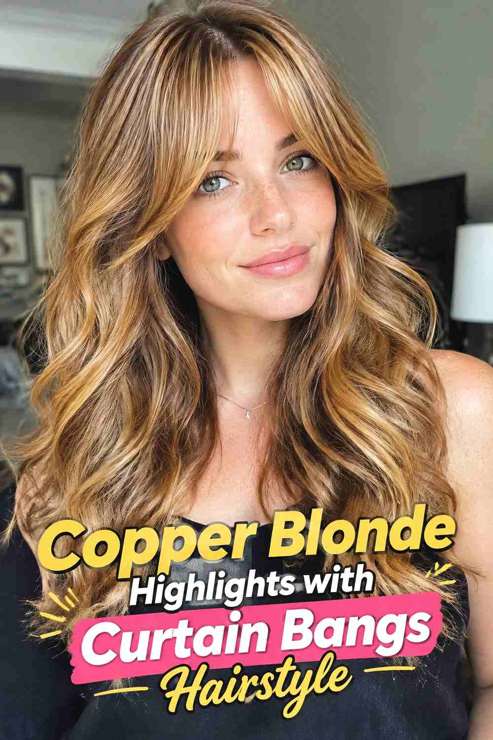 11. Copper Blonde Highlights With Curtain Bangs Hairstyle