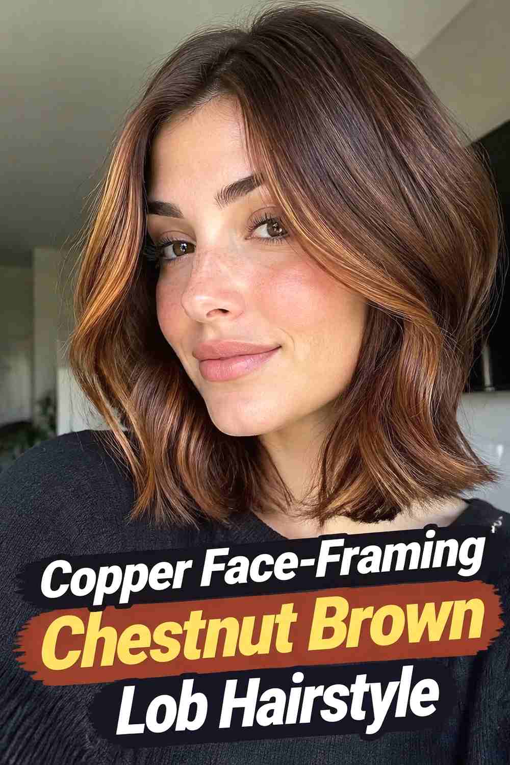 8. Copper Face Framing Chestnut Brown Lob Hairstyle