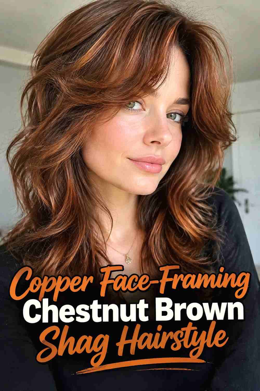 13. Copper Face Framing Chestnut Brown Shag Hairstyle