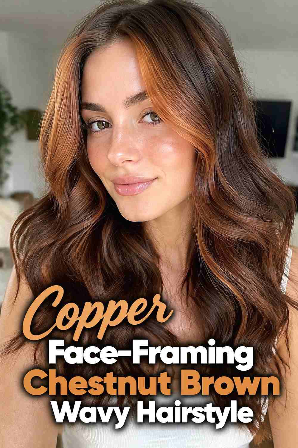 7. Copper Face Framing Chestnut Brown Wavy Hairstyle