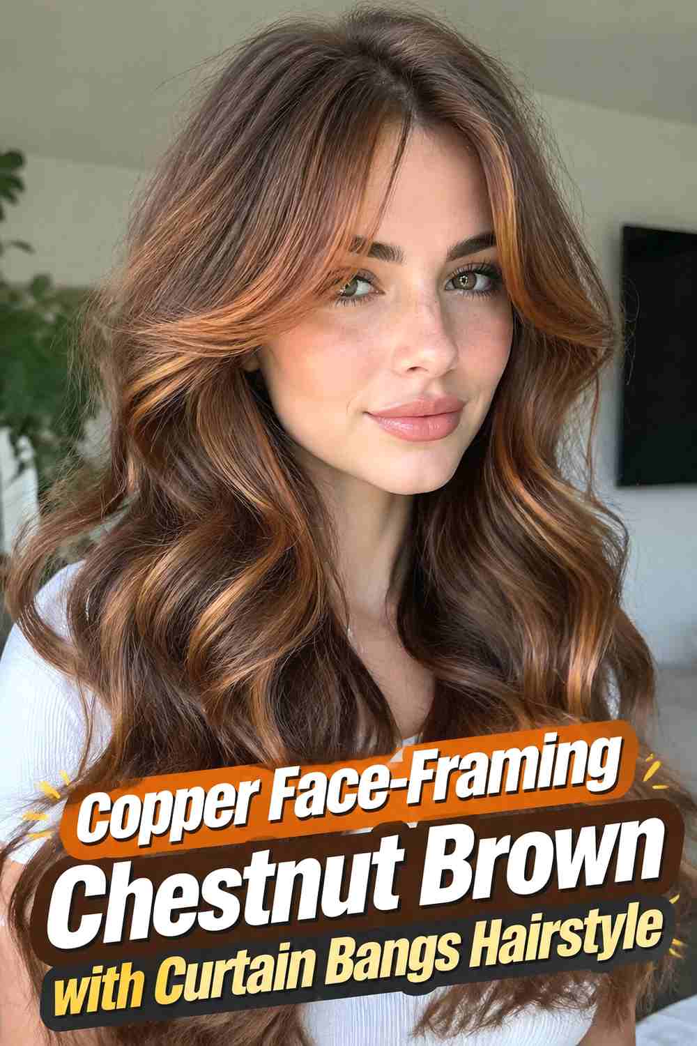 11. Copper Face Framing Chestnut Brown With Curtain Bangs Hairstyle