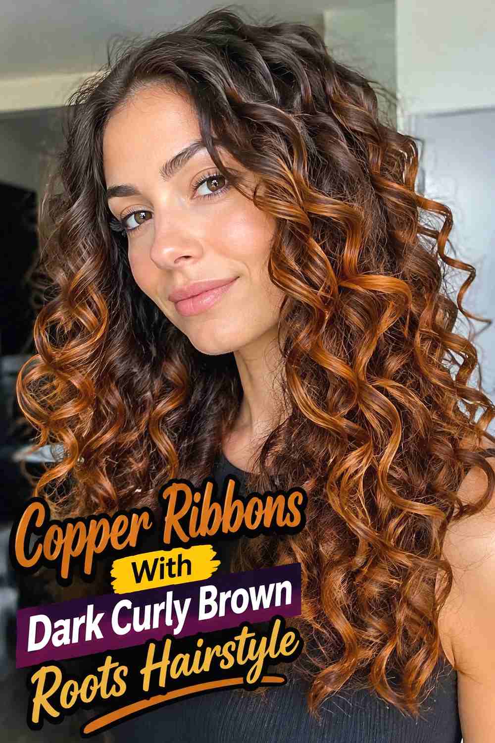 9. Copper Ribbons With Dark Curly Brown Roots Hairstyle
