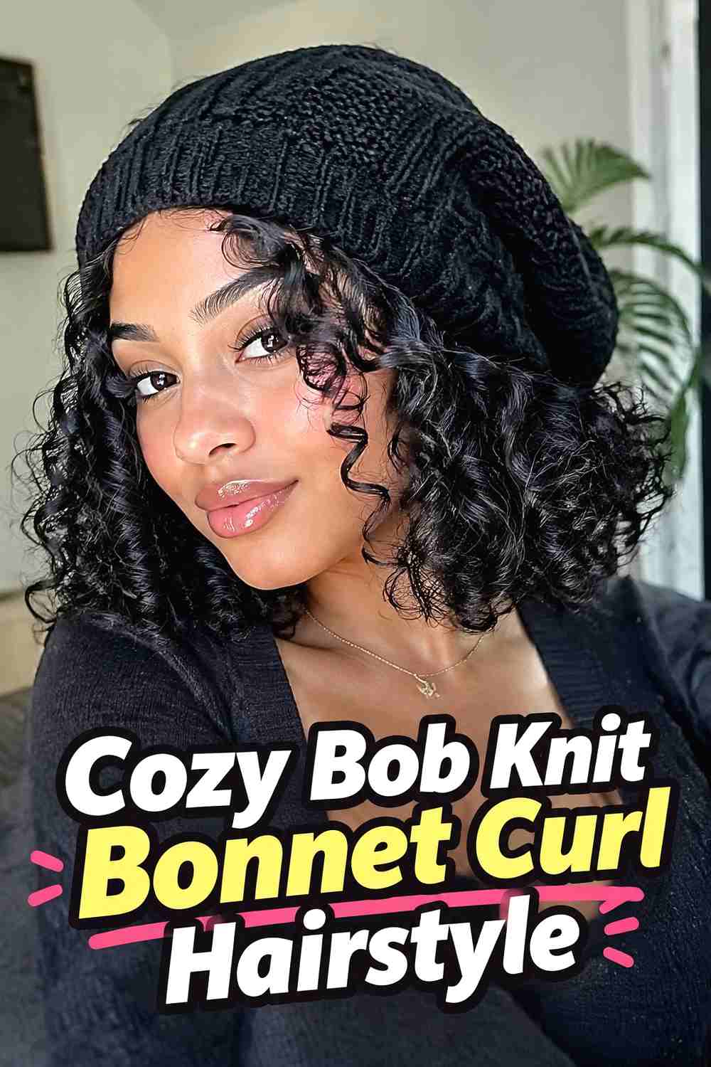 17. Cozy Bob Knit Bonnet Curl Hairstyle